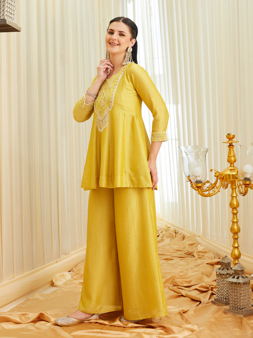 Yellow Silk Embroidered Top Sharara Set with Dupatta | leftside full view