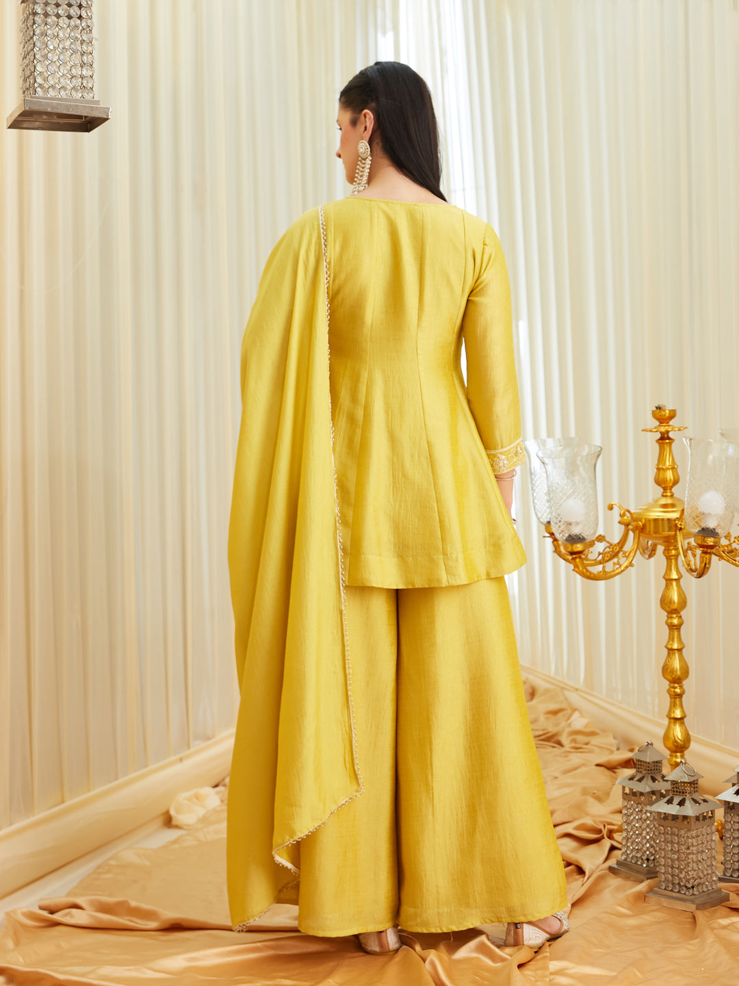 Yellow Silk Embroidered Top Sharara Set with Dupatta |backside full view