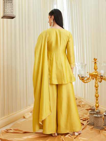 Yellow Silk Embroidered Top Sharara Set with Dupatta |backside full view