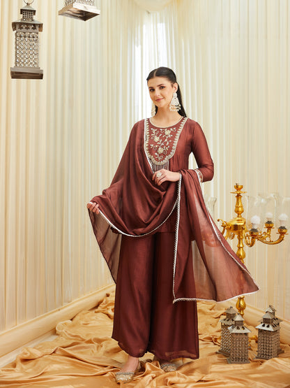 Berry Silk Embroidered Top Sharara Set with Dupatta | frontside full view