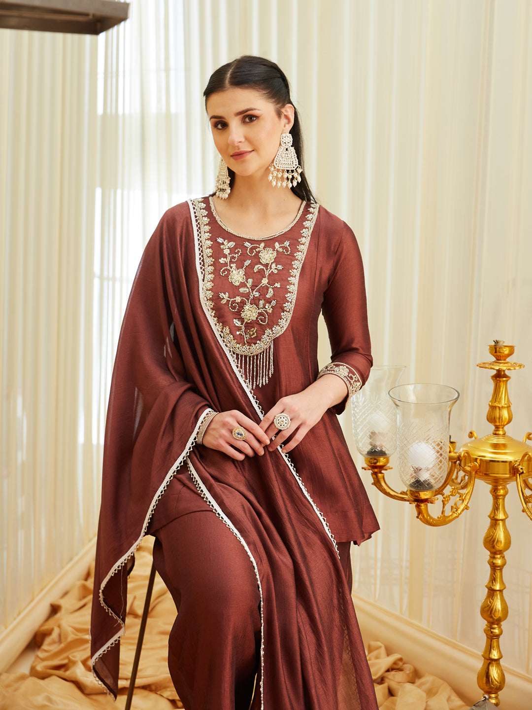 Berry Silk Embroidered Top Sharara Set with Dupatta | halfview 