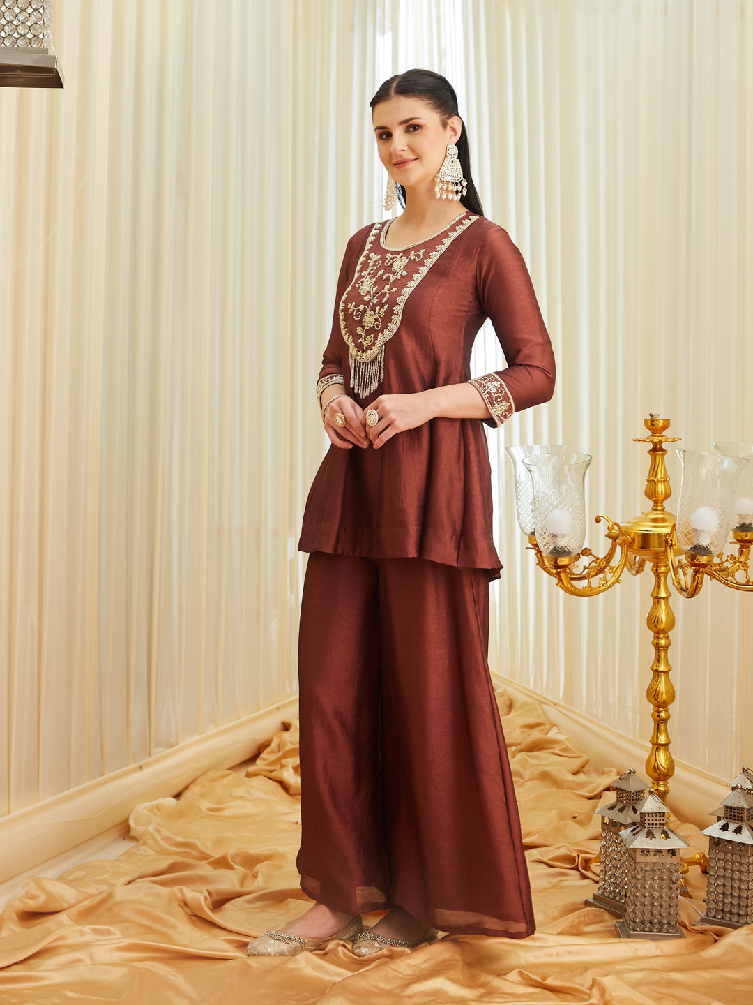 Berry Silk Embroidered Top Sharara Set with Dupatta | left side view