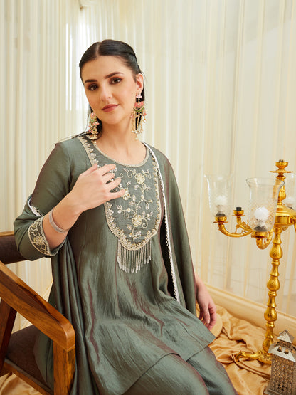 Green Silk Sharara Set with Embroidered Top & Dupatta