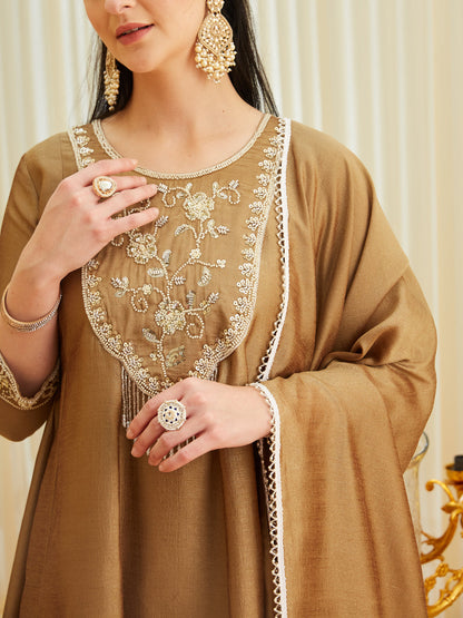 Gold Silk Embroidered Top Sharara Set with Dupatta | neckside design view