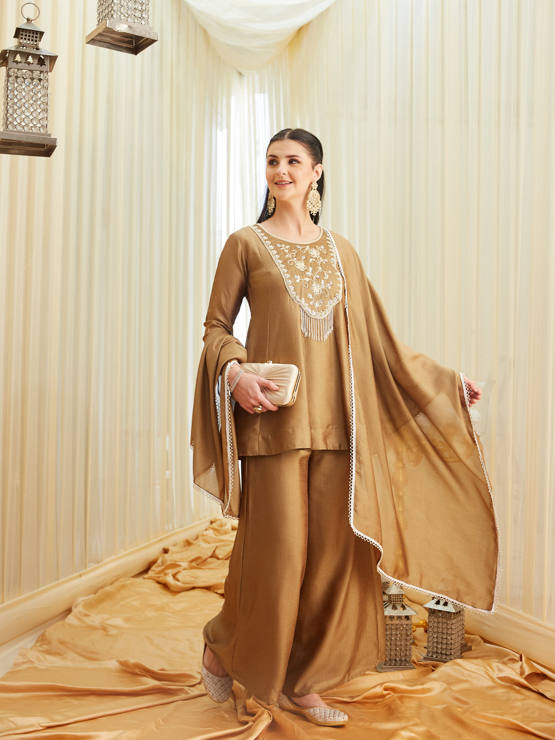 Gold Silk Embroidered Top Sharara Set with Dupatta | frontside full view