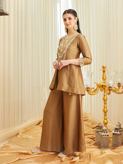 Gold Silk Embroidered Top Sharara Set with Dupatta | without dupatta ledtside view