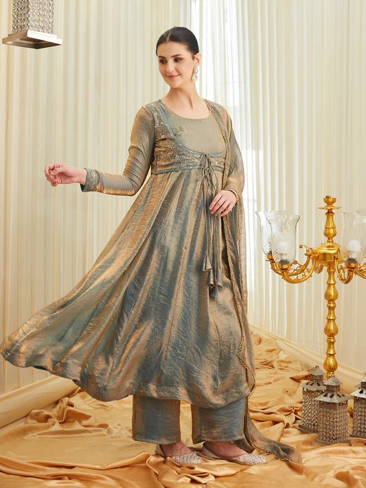 Blue Silk Embroidered Anarkali Kurta Set with Dupatta for Women