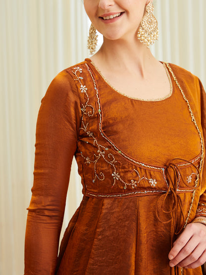 Rust Silk Embroidered Anarkali Kurta Set with Dupatta for Women | frontside work view