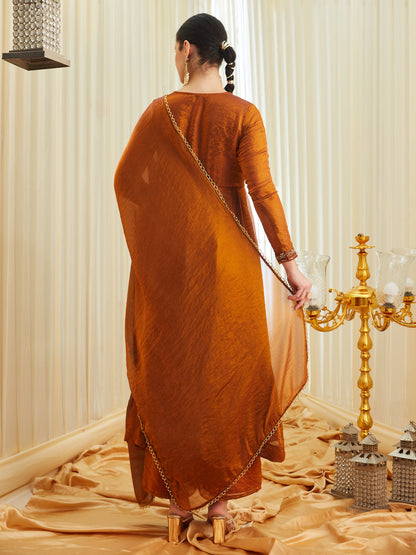 Rust Silk Embroidered Anarkali Kurta Set with Dupatta for Women | backside view