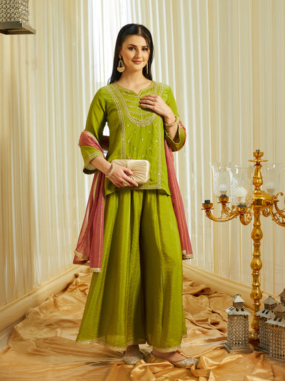 Pista Silk Embroidered Top Sharara Set with Dupatta