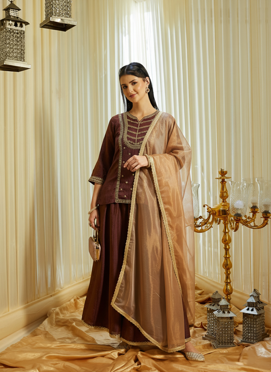 Brown Silk Embroidered Top Sharara Set with Dupatta | frontside full view