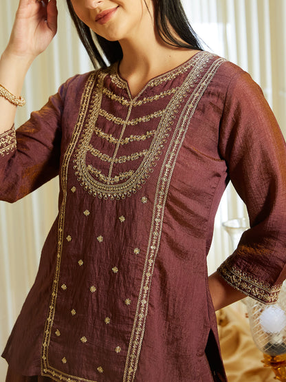 Brown Silk Embroidered Top Sharara Set with Dupatta | neckside design view