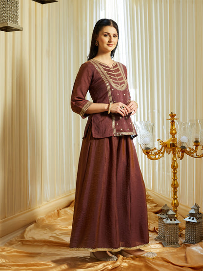 Brown Silk Embroidered Top Sharara Set with Dupatta | without dupatta view