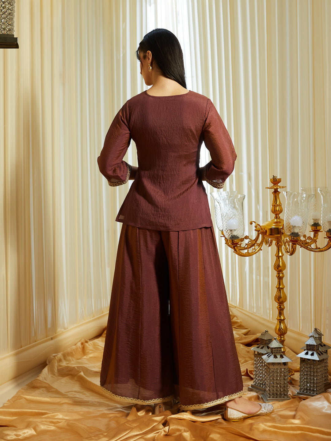 Brown Silk Embroidered Top Sharara Set with Dupatta | backside full view
