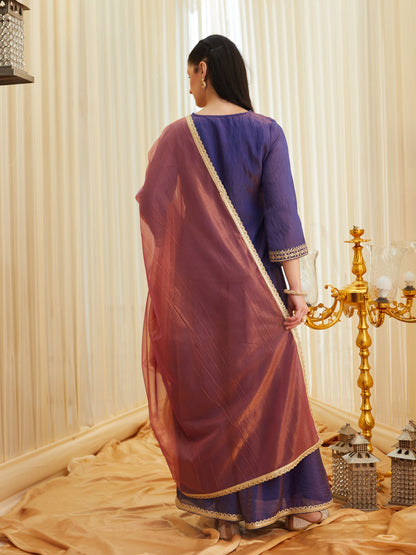 Violet Silk Embroidered Top Sharara Set with Dupatta | back side full view