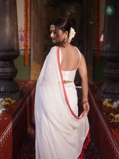 Pujo Mul Cotton Embroidered Saree - Shiuli white Red
