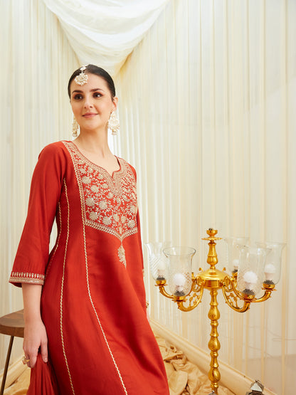 Rust Silk Embroidered Anarkali Kurta Set with Dupatta | without dupatta view