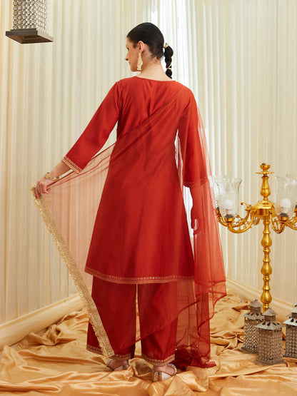 Rust Silk Embroidered Anarkali Kurta Set with Dupatta | backside full view