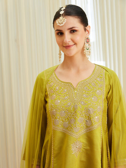 Neon Silk Embroidered Anarkali Kurta Set with Dupatta | neckside design view