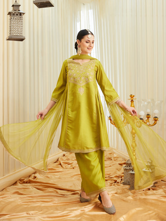 Neon Silk Embroidered Anarkali Kurta Set with Dupatta| frontside full view