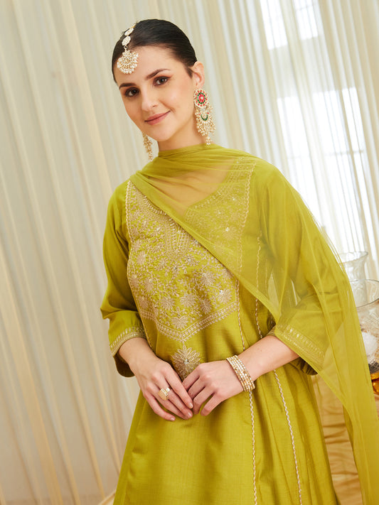 Neon Silk Embroidered Anarkali Kurta Set with Dupatta | half view