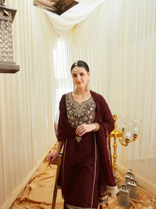 Coffee Silk Embroidered Anarkali Kurta Set with Dupatta