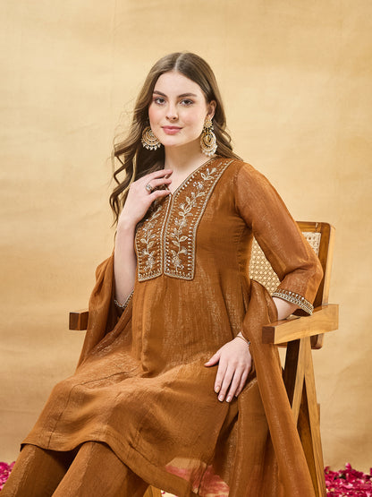 Golden Silk Anarkali Kurta Set with Pants & Dupatta For Women