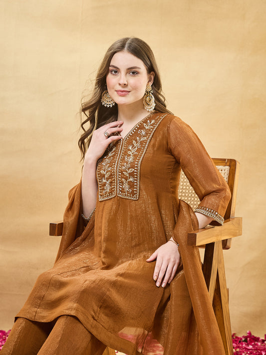 Golden Silk Anarkali Kurta Set with Pants & Dupatta For Women