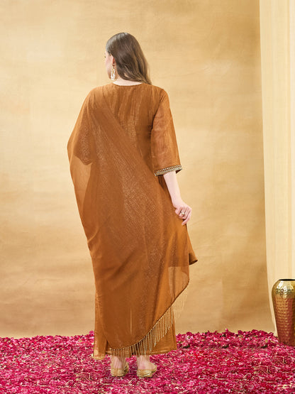 Golden Silk Anarkali Kurta Set with Pants & Dupatta For Women