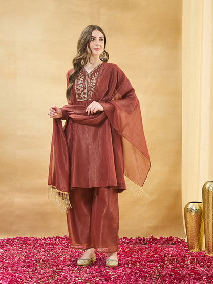 Rust Silk Ethnic Kurta Set with Straight Pants For Women