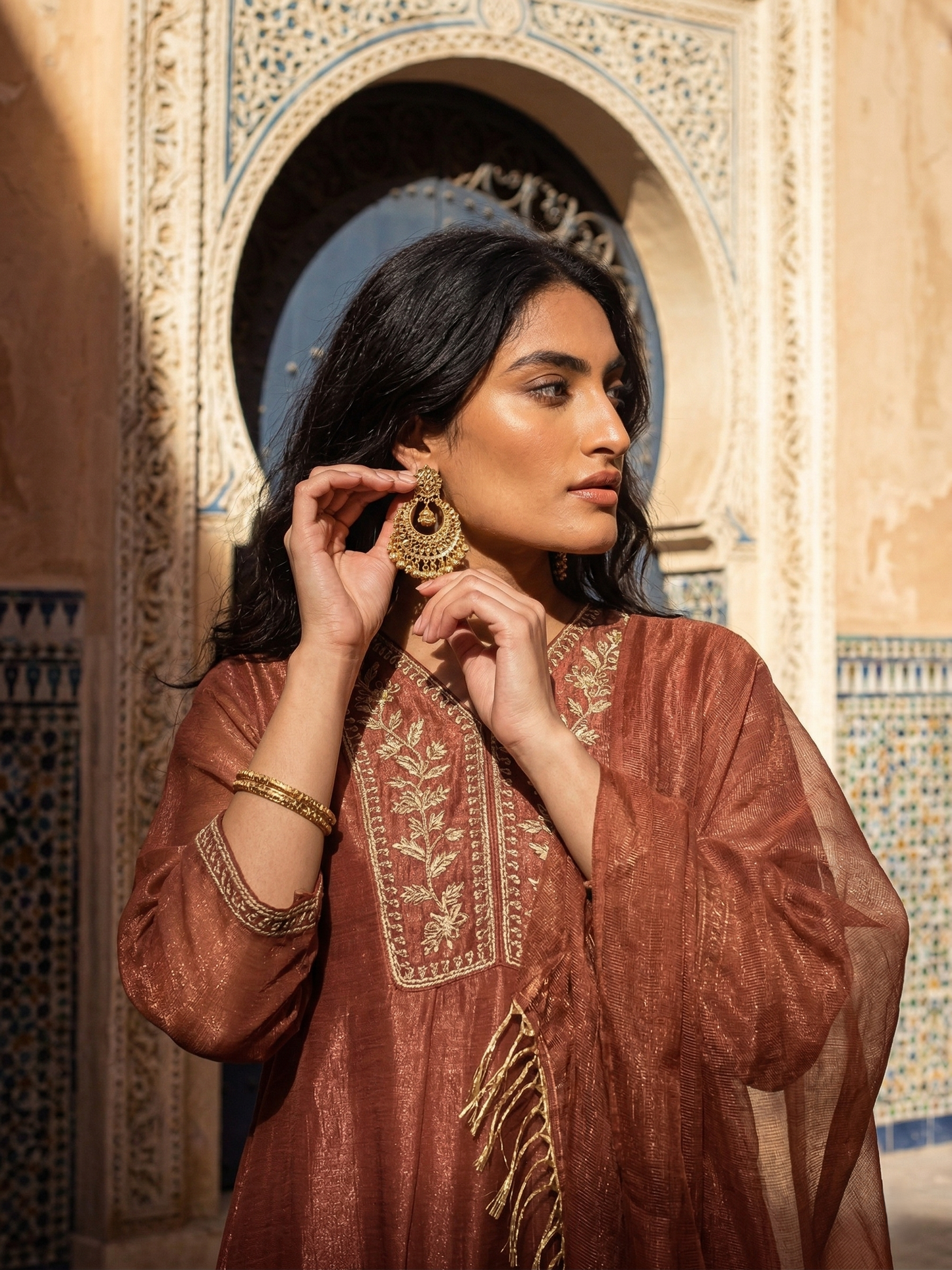 Rust Silk Ethnic Kurta Set with Straight Pants For Women