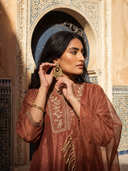 Rust Silk Ethnic Kurta Set with Straight Pants For Women