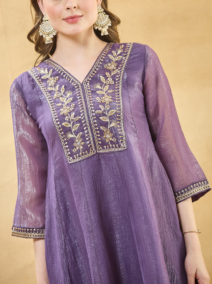 Violet Embroidered Kurta Set with Pants & Dupatta for Women