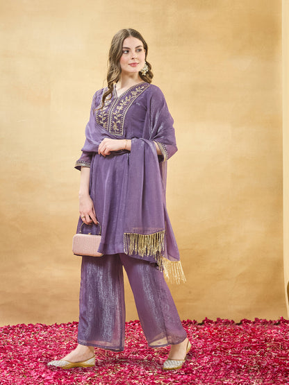 Violet Embroidered Kurta Set with Pants & Dupatta for Women