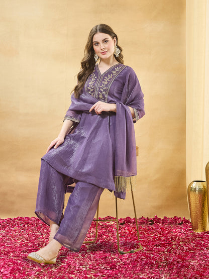 Violet Embroidered Kurta Set with Pants & Dupatta for Women