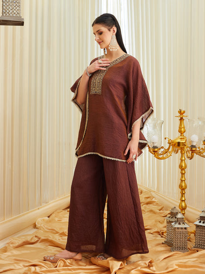 Coffee Brown Silk Embroidered Kaftan Palazzo Set for Women