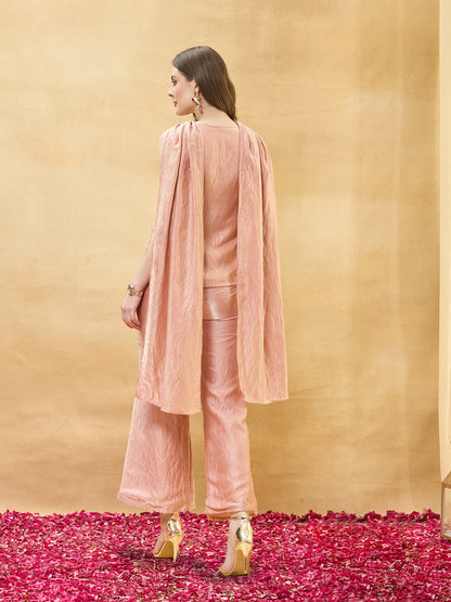 Pink Silk Embroidered Top with Flared Pants & Dupatta Set