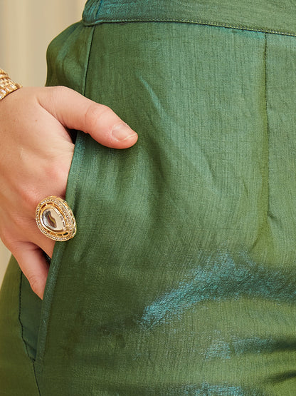 Green Silk Indo-Western Embroidered Top with Pants & Dupatta Set