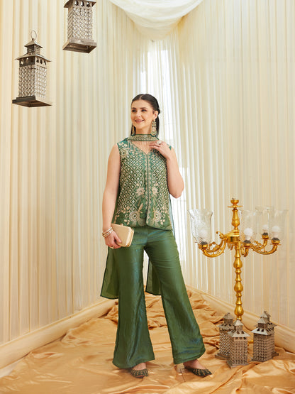 Green Silk Indo-Western Embroidered Top with Pants & Dupatta Set