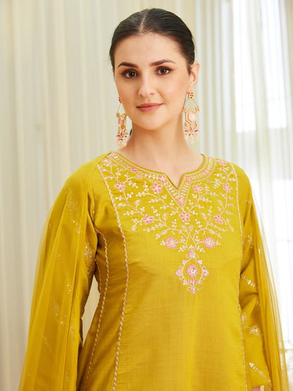 Mustard Silk Embroidered Anarkali Kurta Set with Dupatta for Women