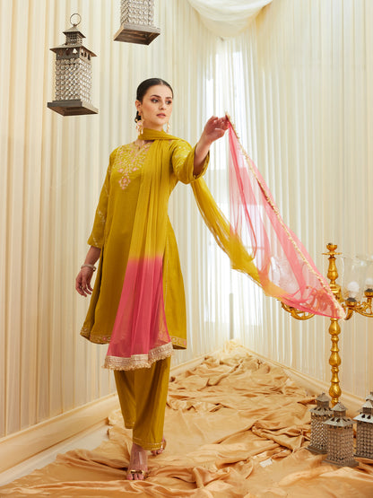Mustard Silk Embroidered Anarkali Kurta Set with Dupatta for Women