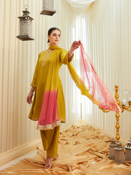 Mustard Silk Embroidered Anarkali Kurta Set with Dupatta for Women