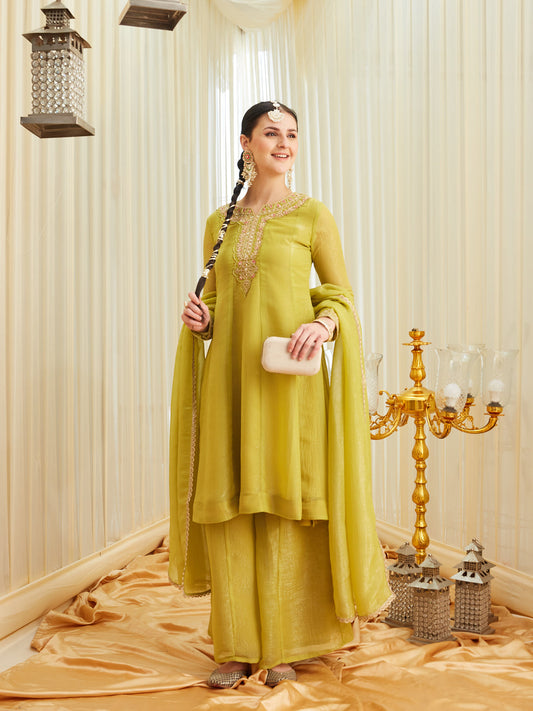 Neon Silk Embroidered Anarkali Kurta Set with Dupatta for Women