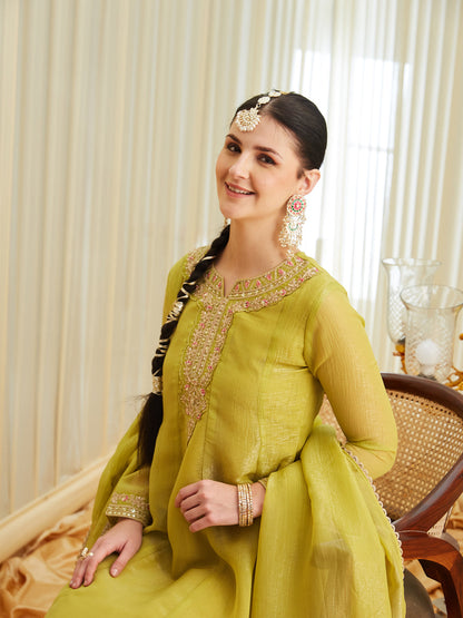 Neon Silk Embroidered Anarkali Kurta Set with Dupatta for Women