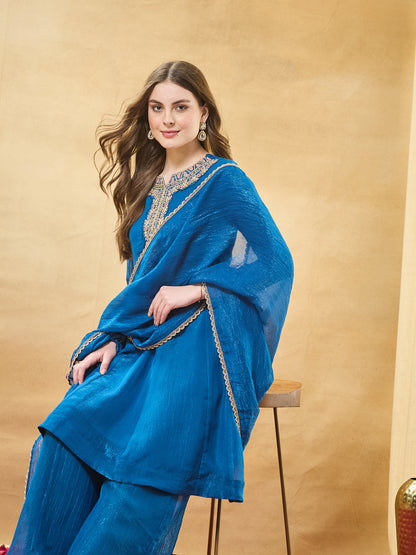 Blue Silk Embroidered Anarkali Kurta Set with Dupatta for Women