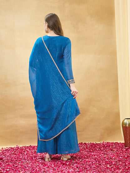 Blue Silk Embroidered Anarkali Kurta Set with Dupatta for Women
