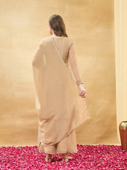 Beige Silk Embroidered Anarkali Kurta Set with Dupatta for Women