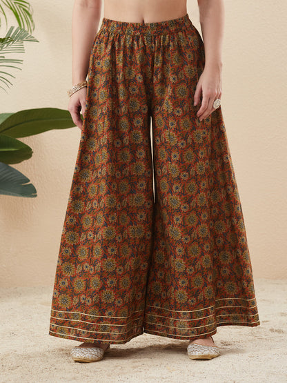 Rust Cotton Embroidered Anarkali Kurta Set with Dupatta for Women