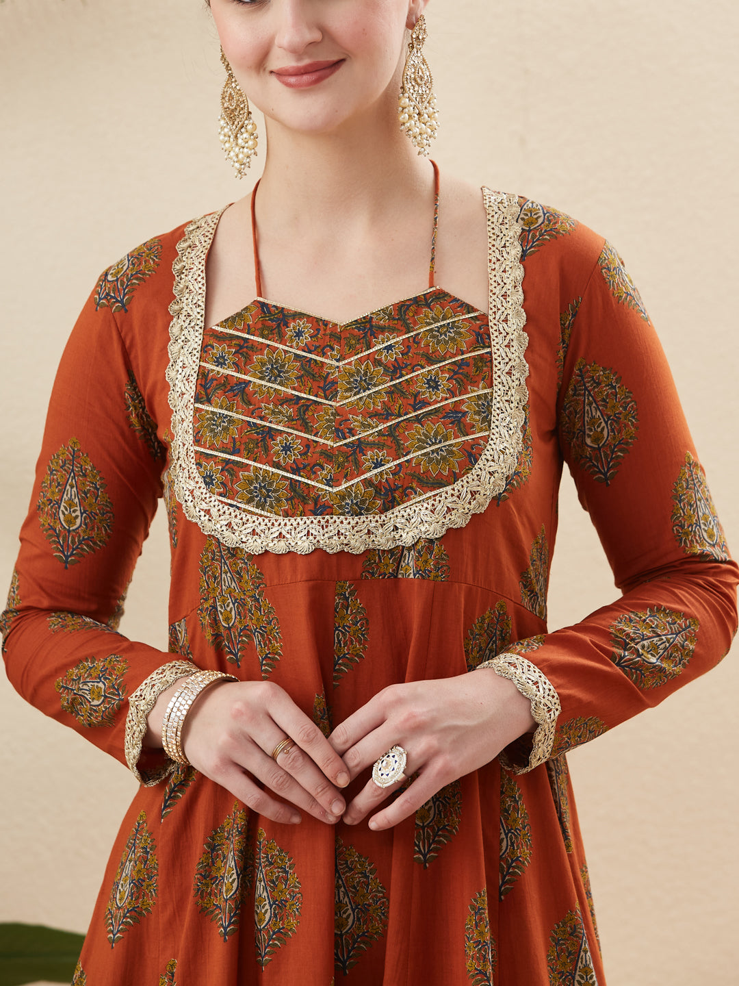 Rust Cotton Embroidered Anarkali Kurta Set with Dupatta for Women