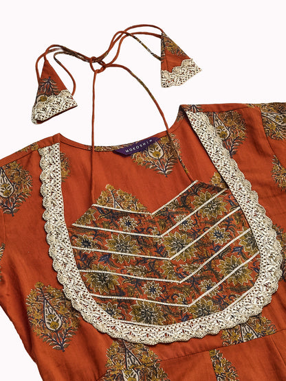 Rust Cotton Embroidered Anarkali Kurta Set with Dupatta for Women